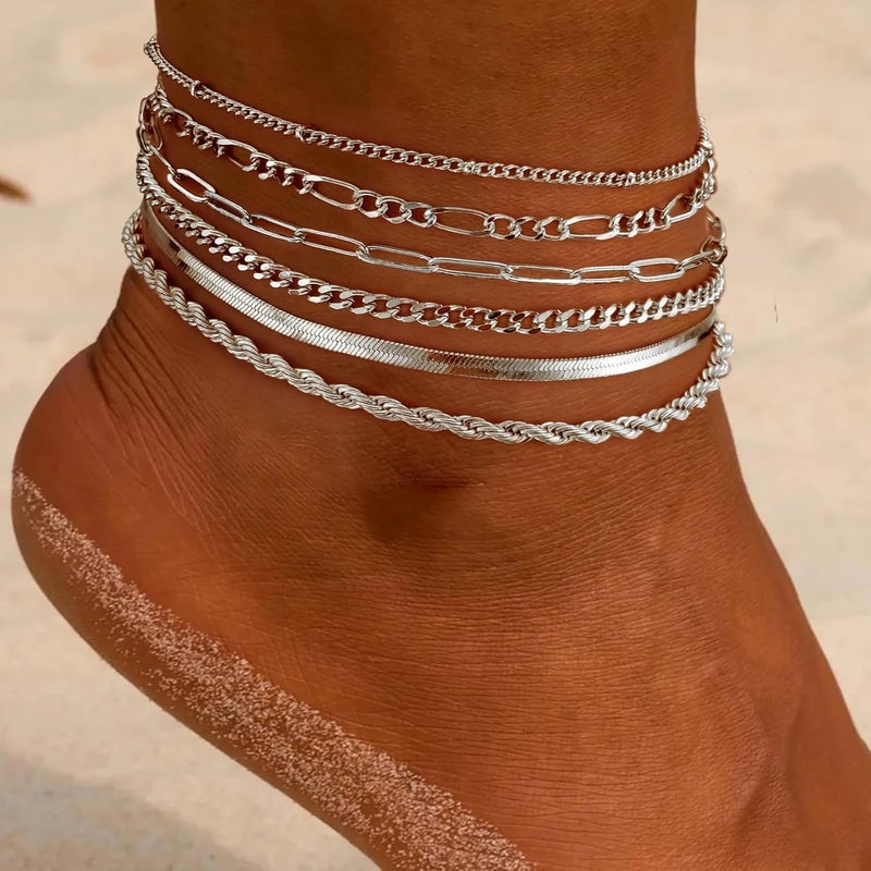 Rotnso Anklets for Women 14K Gold Silver Plated Ankle Bracelets Trendy Waterproof Boho Anklets Set Adjustable Dainty Cute Diamond Beaded Heart Non Tarnish Summer Beach Jewelry Gift - Image 2